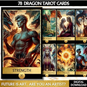 78枚のタロットカードデッキ ドラゴンタロットデッキ デジタル中国ドラゴンアートワーク 印刷可能なタロットデッキ、印刷可能なオラクルデッキ、ユニークなタロットデッキ初心者