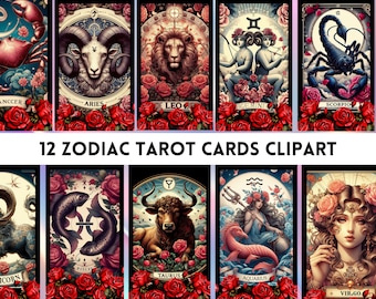 Rose Zodiac Tarot Cards Clipart, 12 Zodiac Cards Png, Zodiac Design Clipart, Zodiac for POD, 12 Horosope, Zodiac Digital File, Tarot  Card