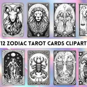 Printable Zodiac Tarot Cards Clipart, 12 Zodiac Cards Png, Zodiac Design Clipart Zodiac for POD, 12 Horosope Zodiac Digital File, Tarot Card