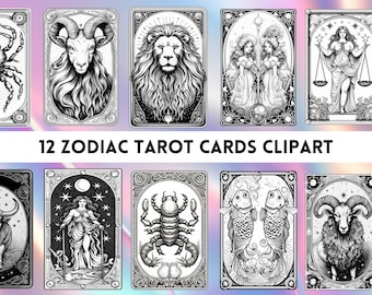 Printable Zodiac Tarot Cards Clipart, 12 Zodiac Cards Png, Zodiac Design Clipart Zodiac for POD, 12 Horosope Zodiac Digital File, Tarot Card