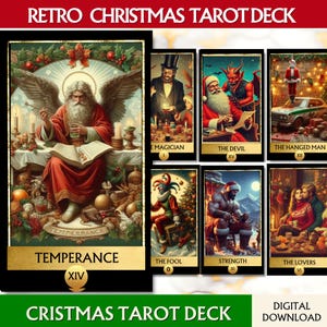 Vintage jeu de tarot de Noël 78 cartes de tarot jeu de tarot de Noël rétro imprimable Tarot numérique du père Noël téléchargeable cadeau de Noël pour sorcière