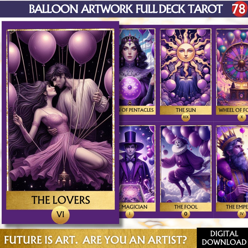 78 Tarot Cards Deck Balloon Tarot Deck Digital Purple Artwork Printable ...