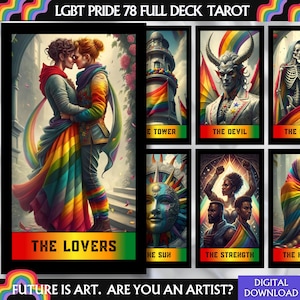 May include: LGBT Pride 78 Full Deck Tarot cards. The Lovers card features two figures embracing, draped in rainbow colors. Other cards include The Devil, The Sun, and The Strength. The text "Future is Art. Are you an Artist?" is also visible.