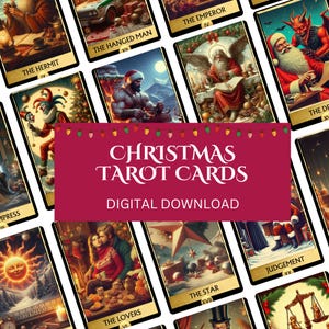 Jeu de tarot de Noël numérique 78 cartes Tarot de Noël rétro imprimable Tarot numérique du père Noël à télécharger pour sorcière