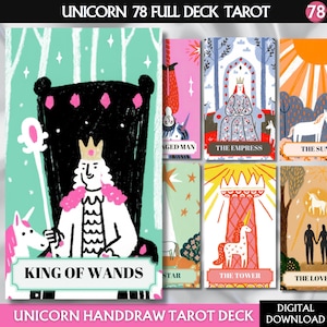 Digital Tarot Unicorn 78 Tarot Cards Printable tarot deck Digital Tarot Cards deck Colorful Tarot Illustration Tarot Png Art Prints