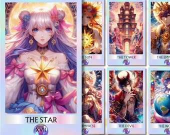 Colorful Anime 78 Tarot Cards, Printable tarot deck Digital Anime Tarot Cards deck Unique tarot deck beginner, Anime images Kawaii Tarot png