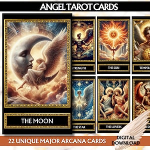 Jeu des 22 arcanes majeurs imprimables du jeu de cartes de tarot des anges, ailes d'ange uniques, pont de cartes Oracle, protection des anges, chiffres des anges, cliparts tarot des anges