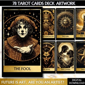 Baralho de tarô com 78 cartas Baralho de tarô preto Baralho de tarô digital dourado Baralho de tarô para impressão, baralho de oráculo para impressão, baralho de tarô exclusivo para iniciantes