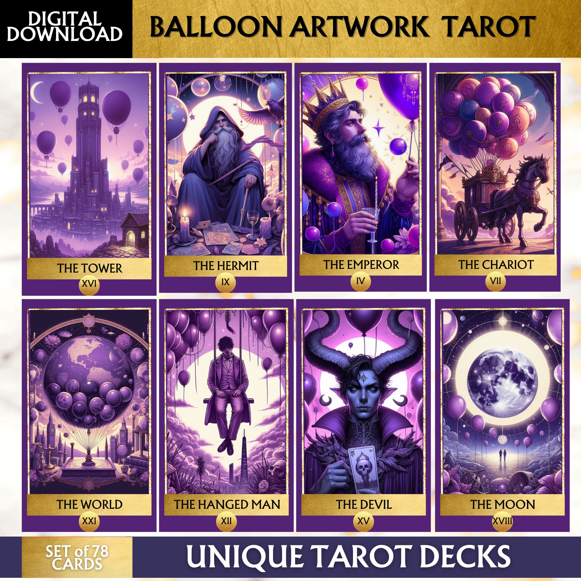 78 Tarot Cards Deck Balloon Tarot Deck Digital Purple Artwork Printable ...