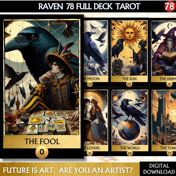 78 Tarot Cards Deck Raven Tarot Deck Digital Gothic Tarot Deck Printable Tarot Cards, printable oracle deck, Unique tarot deck beginner