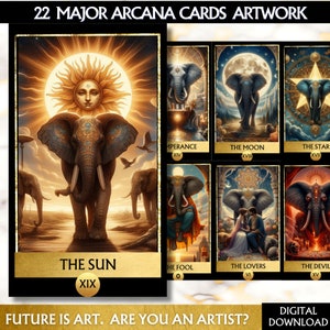 22 Major Arcana Tarotkarten Elefant-Tarot-Deck Digitale afrikanische Tarotkarten druckbare Tarot-Orakel-Deck Einzigartige Tarot-Deck-Anfänger