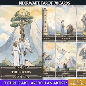 Instant Download Tarot Cards, Printable tarot deck Digital Rider Waite Tarot Cards deck Unique tarot deck beginner Printable Oracle Deck