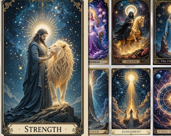 May include: A set of 78 Cosmic Tarot cards with detailed, fantasy-themed illustrations. The "Strength" card depicts a figure with a lion. Other cards include "Empress", "Death", "Tower", and "Judgement". The text "Future is Art. Are you an artist?" is visible on the bottom of the image.
