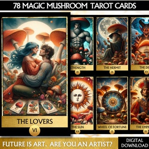 78 tarotkaarten dek magische paddenstoelen tarotkaarten digitale paddestoelen artwork afdrukbare tarotkaarten, afdrukbaar orakelspel, uniek tarotspel