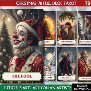 Jeu de tarot de Noël rétro 78 cartes de tarot imprimable jeu de tarot de Noël vintage Tarot du père Noël numérique téléchargeable cadeau de Noël pour sorcière