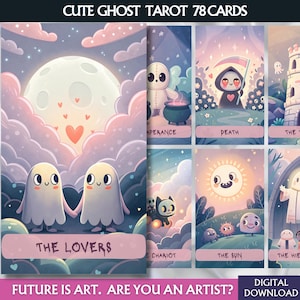 Cartas de Tarot Únicas, Baraja Digital de Tarot, Cartas de Tarot Imprimibles, Baraja de Tarot Fantasma Linda, Tarot Kawaii Espeluznante, Regalo de Halloween, 78 Cartas de Tarot