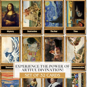 Könnte beinhalten: Ein Set mit 32 Kunstkarten, die berühmte Gemälde zeigen. Die Karten sind in einem goldenen Rahmen und haben den Titel des Gemäldes unter dem Bild. Der Text "EXPERIENCE THE POWER OF ARTFUL DIVINATION! SET OF 32 CARDS" befindet sich in einem goldenen Banner am unteren Rand des Bildes.