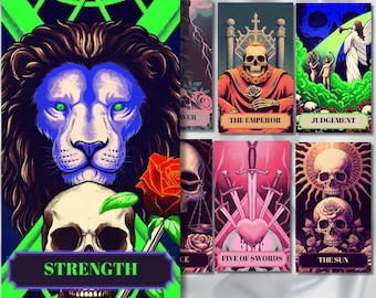 Tarot numérique tête de mort & Rose 78 cartes de tarot jeu de tarot imprimable jeu de cartes de tarot numérique Illustration de tarot colorée Tarot Png estampes