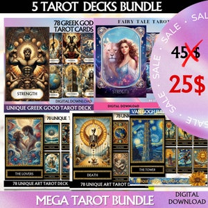 Digital Tarot Deck Mega Bundle, 5 in 1 Tarot Deck Bundle, Printable tarot deck, tarot beginner, tarot prints, Digital tarot set, oracle deck
