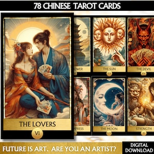78 Tarotkarten Deck Chinesisches Tarot Kartenspiel Asiatisches Digitales Kunstwerk zum Ausdrucken Tarot Karten, Orakel Karten, Einzigartiges Tarot Anfänger