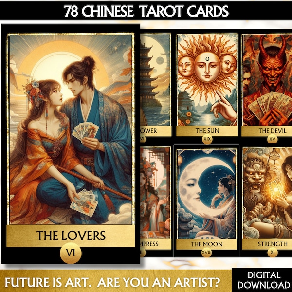 78 Tarot Cards Deck Chinese Tarot Deck Digital Asian Artwork Printable Tarot cards, printable oracle deck, Unique tarot deck beginner