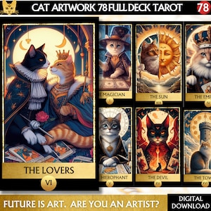Jeu de tarot de 78 chats imprimable, cartes de tarot numériques pour les amoureux des chats, jeu de cartes de tarot complet, cartes Oracle imprimables, cartes Oracle numériques, tarot pdf