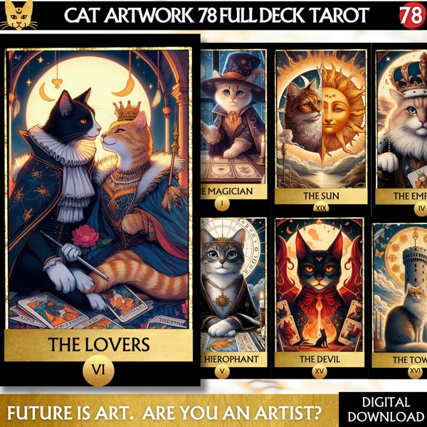 Printable 78 Cat Tarot Deck, Digital Cat Lovers Tarot Cards, Full deck Tarot Cards, Printable Oracle Cards, Digital Oracle Cards, Tarot pdf