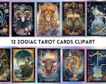 Zodiac tarotkaarten clipart, 12 dierenriemkaarten png, dierenriem ontwerp clipart, dierenriem voor POD, dierenriem vectorbestand, dierenriem digitaal bestand, orakelkaart