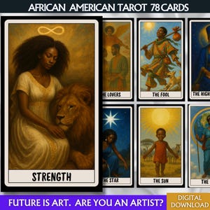 African American 78 Tarot Cards, Printable tarot deck Digital African Tarot Cards deck Unique tarot deck beginner Afro Girl Art Ethnic Tarot