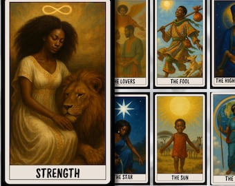 May include: A tarot card deck titled "African American Tarot 78 Cards." The "Strength" card features a woman with a lion. Other cards include "The Lovers," "The Fool," "The Star," and "The Sun." The text "Future is Art. Are you an artist?" is also present.