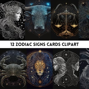 Zodiac Tarot Cards Clipart, 12 Zodiac Cards Png, Zodiac Design Clipart, Zodiac for POD, Zodiac Vector File, Zodiac Digital File, Oracle Card