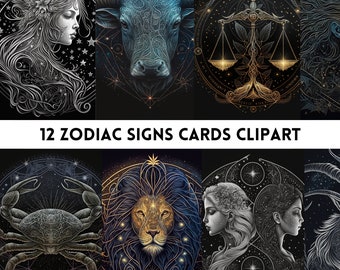 Zodiac Tarot Cards Clipart, 12 Zodiac Cards Png, Zodiac Design Clipart, Zodiac for POD, Zodiac Vector File, Zodiac Digital File, Oracle Card