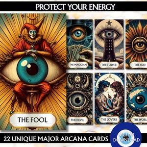 Jeu de cartes de tarot des arcanes majeurs numériques 22 Jeu de cartes de tarot imprimables Jeu de cartes de tarot imprimable Protégez votre énergie Jeu de cartes Oracle Evileye imprimable