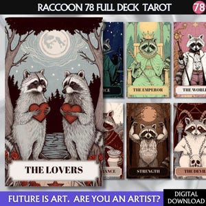 Carte dei tarocchi digitali Mazzo di tarocchi del procione Mazzo di tarocchi digitali da 78 carte Opere d'arte mistiche Stampe dei tarocchi degli amanti del procione Mazzo di carte dell'oracolo stampabile
