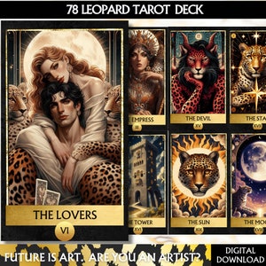 Cartas de tarot digitales con temática de leopardo, baraja de tarot imprimible, baraja de tarot con ilustraciones de animales para principiantes, oráculo imprimible, tarot en PDF