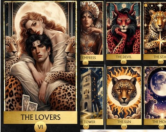 Leopard Theme Digital Tarot Cards, Printable tarot deck Digital Cards deck Animals Artwork tarot deck beginner, printable oracle, tarot pdf