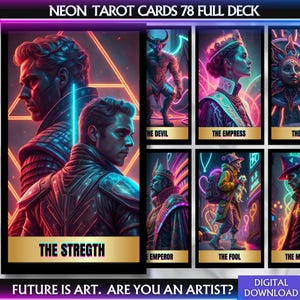Baralho de Tarô Digital Cyberpunk, Baralho de Cartas de Tarô Neon, Baralho de Cartas de Tarô FullDeck para Impressão, Baralho de Oráculo Único para Impressão Digital, Download de Tarô