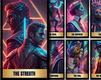 Digitale cyberpunk tarotdeck neon tarotkaarten dek afdrukbare fulldeck tarotkaarten dek uniek Oracle dek afdrukbare digitale download tarot