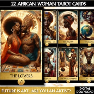 アフリカの女性 22 大アルカナ タロット カード、印刷可能なタロット デッキ デジタル アフリカ タロット カード デッキ ユニークなタロット デッキ 初心者、アフロ ガール アート