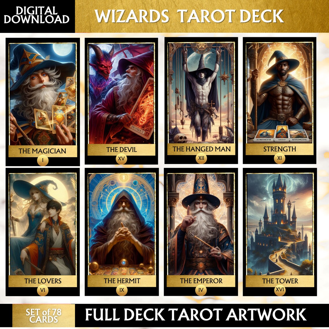 78 Tarot Cards Deck Wizard Tarot Deck Digital Wizard Illustration ...