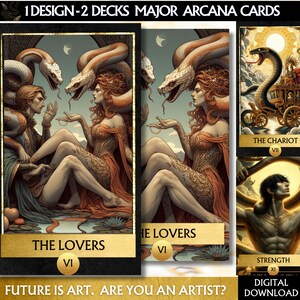 May include: Two tarot cards, one depicting The Lovers with a couple surrounded by snakes and the other depicting The Chariot with a man riding a chariot pulled by a sphinx. The cards are part of a tarot deck with a gold and black design.