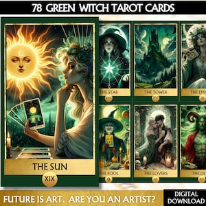 Puede incluir: Un juego de 78 cartas de tarot con acentos verdes y dorados. Las cartas presentan ilustraciones de brujas, castillos y otras imágenes místicas. Las cartas se titulan "Green Witch Tarot Cards".
