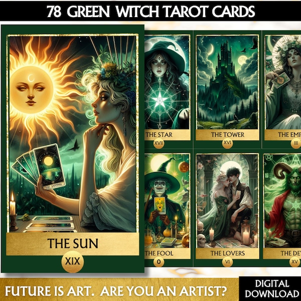 78 Tarot Cards Deck Green Witch Oracle Deck Digital Witchcraft Oracle Printable Tarot cards, printable oracle deck, Unique tarot deck