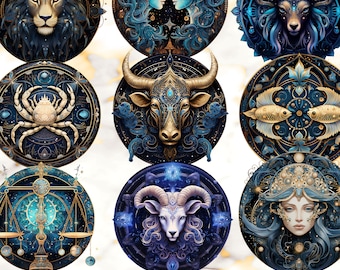 Zodiac Symbols Clipart, 12 Zodiac Cards Png, Zodiac Signs Clipart, Zodiac for POD, Zodiac Vector File, Zodiac Digital File, Horoscope png