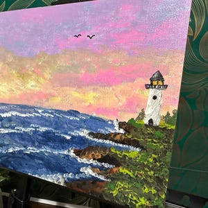 Vibrant Lighthouse Seascape Painting | Colorful Sunset & Ocean Waves