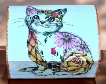 Joyero, joyero, joyero con forma de gato, decoración para gatos, cofre, gato con flores, joyero único, regalo para amantes de los gatos, loca de los gatos, regalos para gatos