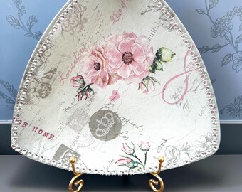 Vintage Rose Floral Decorative Plate, Handmade Shabby Chic Home Decor, Crystal Edge Display Plate, Unique Gift