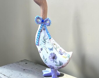Wildflower Duck Figurine, Handmade Decoupage Ornament, Cottage Garden Decor