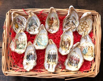 12 Days of Christmas Oyster Shells, Handmade Christmas Decorations