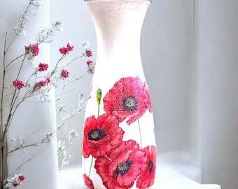 Glass Vase, Poppy Vase, Vase for Flowers, Pretty Vases, Red Poppies, Poppy Gifts, Poppy Decor, Anniversary Gift, Gift for Mum, Tall Vases
